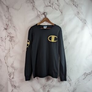 Champion Long Sleeve T Shirt Black Women Size Medium Gold Vintage